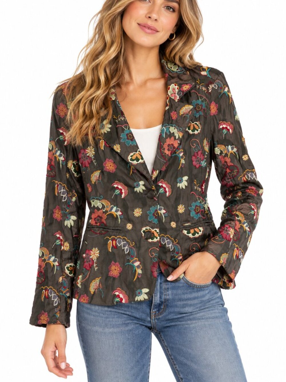 Biya Johnny Was Silk Embroidered Floral Blazer Jacket Medium Boho Lined